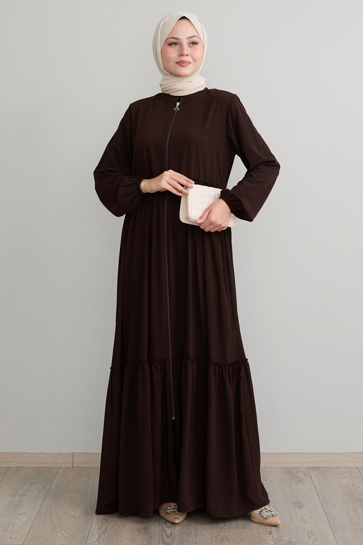 MDS Women Pleated Detail Zippered Bitter Coffee Abaya - San Francisco del Rincón