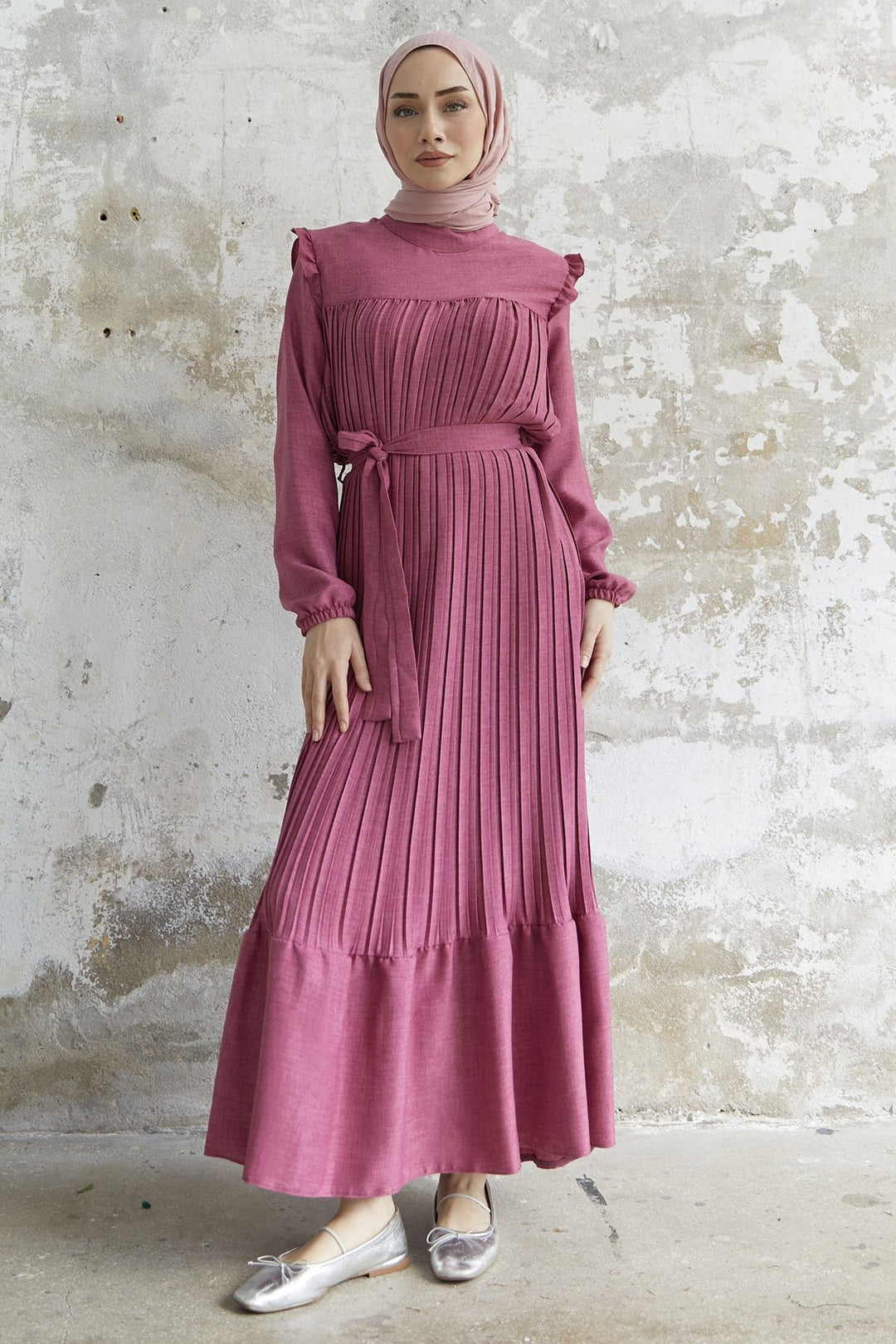 MDS Women Ruffle Trim Linen Dress with Puff Sleeves - Fuchsia - Irvine