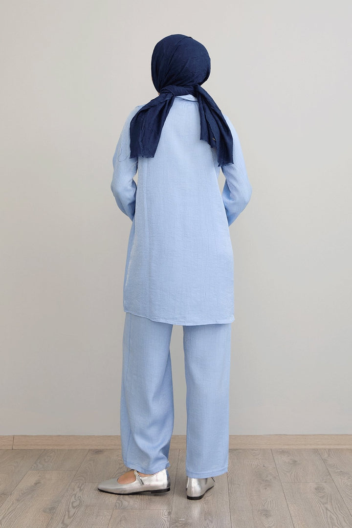 MDS Women Shirt Collar Sequined Two-Piece Baby Blue Suit - Palma