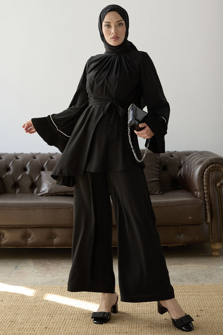 MDS Women Armhole Padded Belted Two Piece Set - Black - Miami Gardens