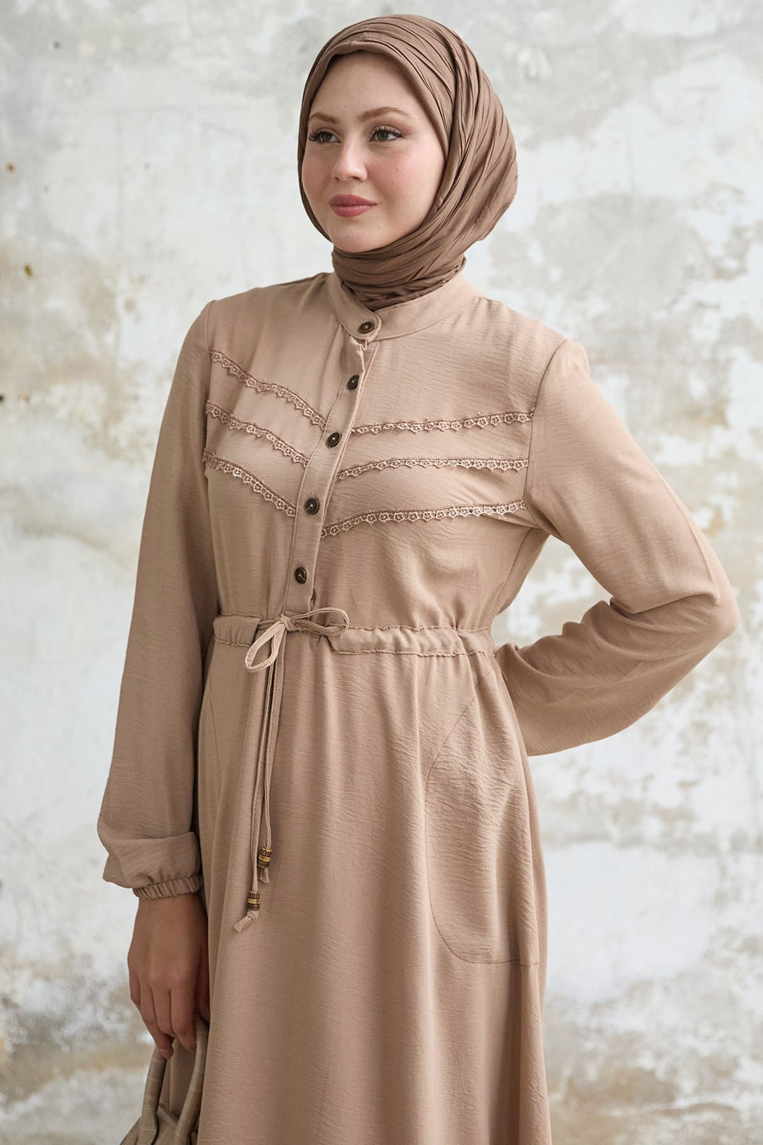 MDS Women Lace Detail Beige A-line Dress - Nanterre