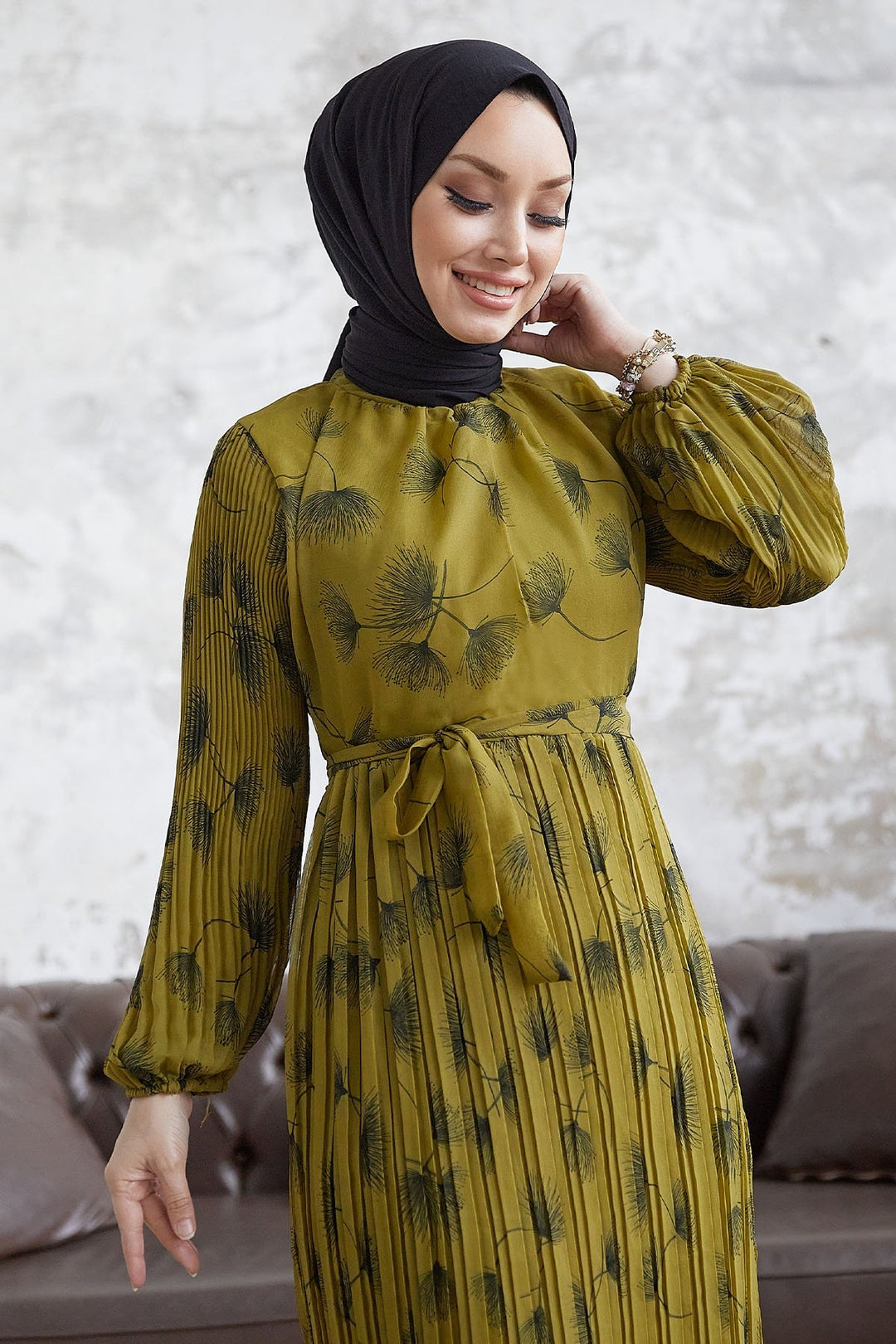 MDS Women Pale Sea Green Leaf Patterned Chiffon Dress - Olive Green - Bolingbrook
