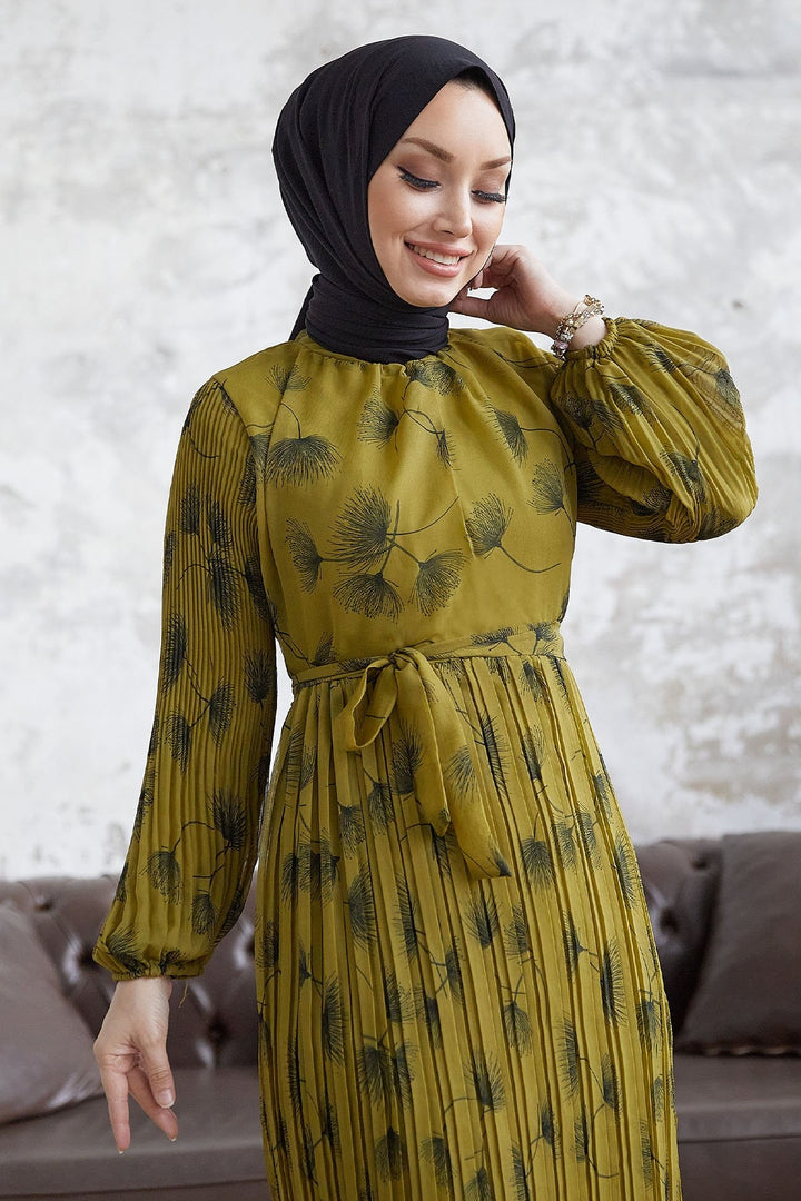 MDS Women Pale Sea Green Leaf Patterned Chiffon Dress - Olive Green - Bolingbrook