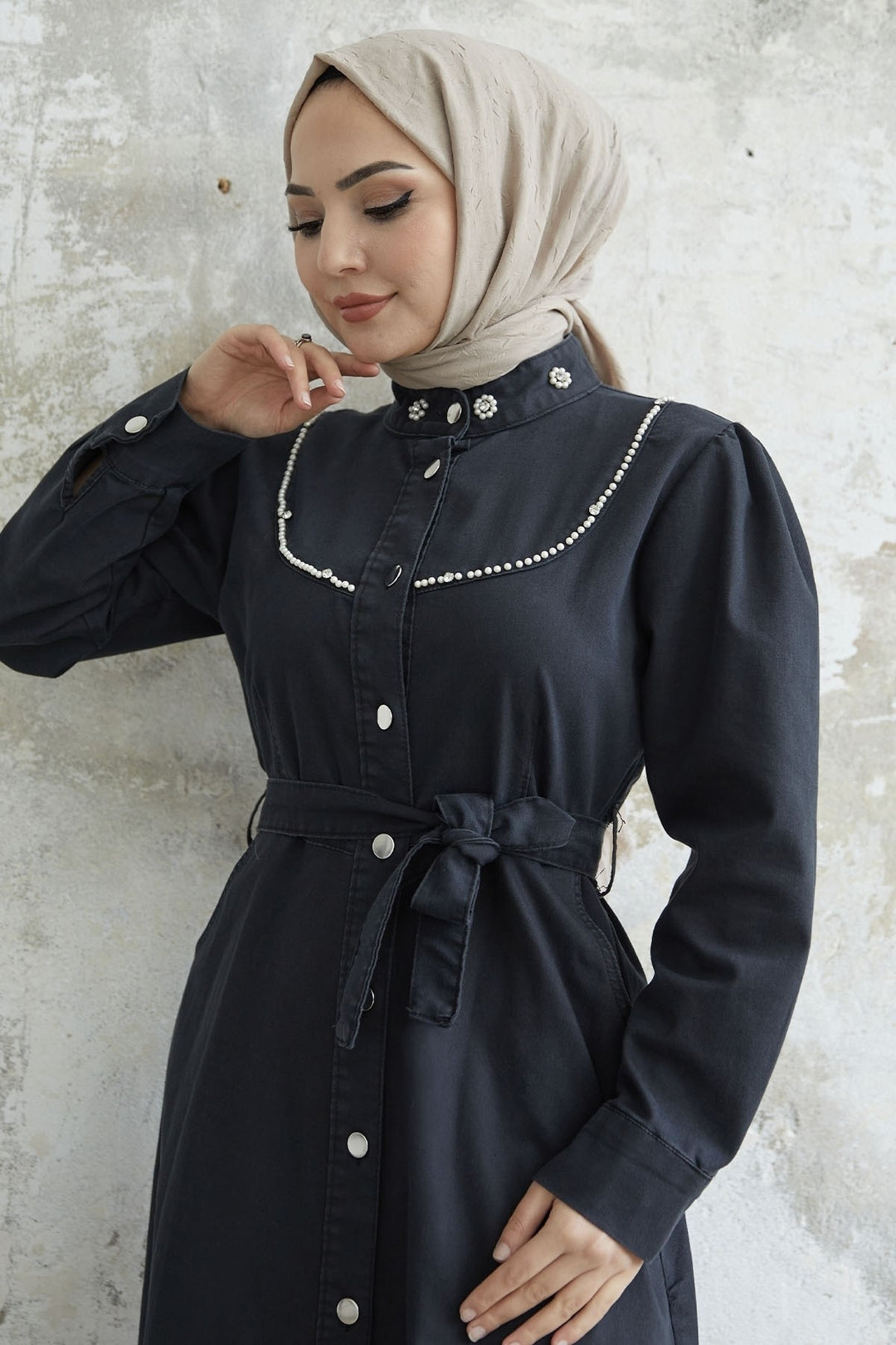 MDS Women Pearl Detail Belted Denim Dress - Grey - Suffolk