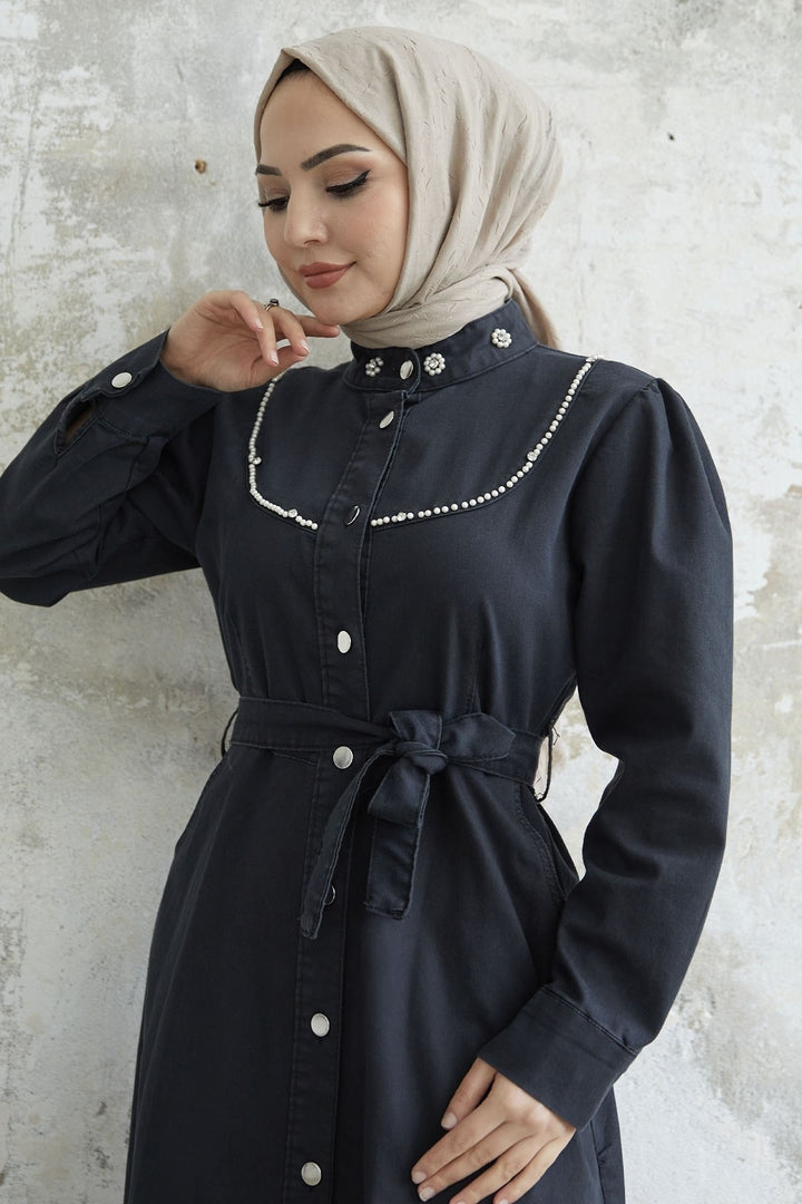 MDS Women Pearl Detail Belted Denim Dress - Grey - Suffolk