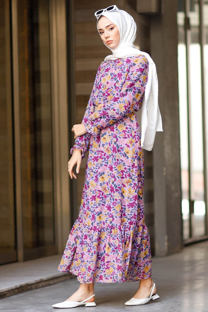 MDS Women Leaf Pattern Chiffon Dress - Lilac - Perpignan