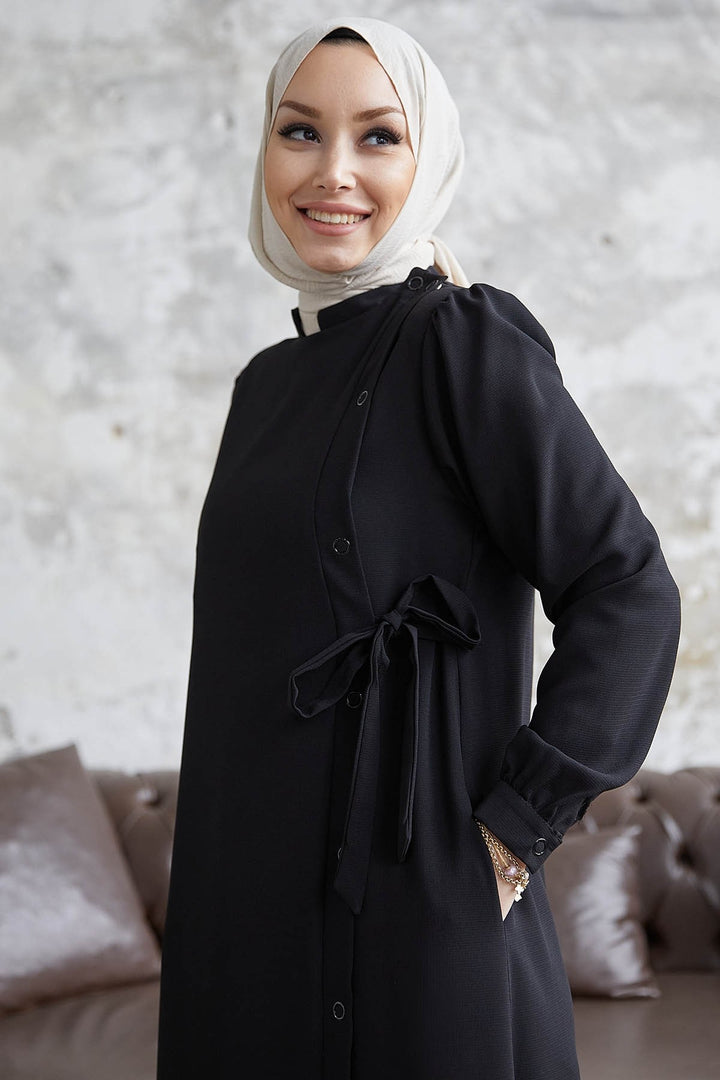 MDS Women Davies Side Buttoned Belted Abaya - Black - Albufeira