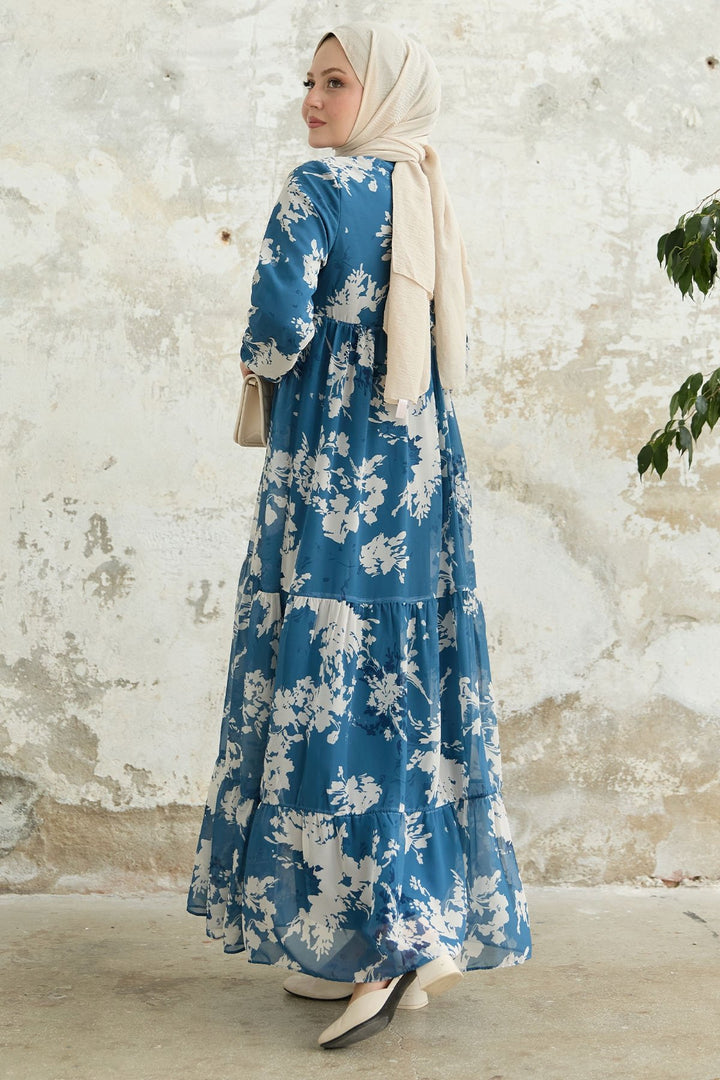 MDS Women Blue Chiffon Dress with Leaf Pattern and Frills at the Front - Burien