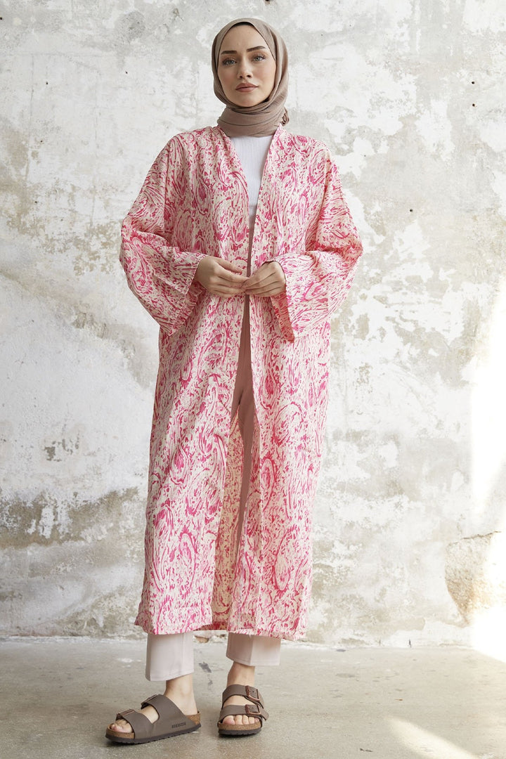 MDS Women Spiral Patterned Long Kimono - Pink - Delft
