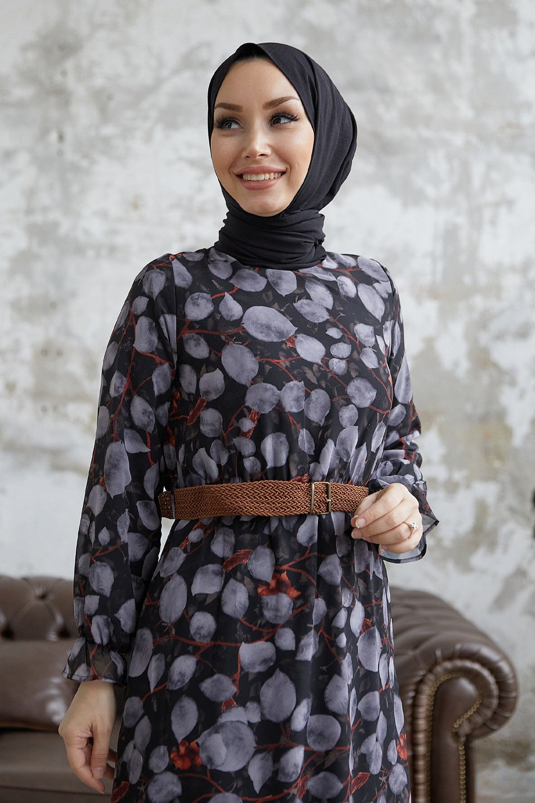 MDS Women Drop Pattern Belted Chiffon Dress - Anthracite - Bathurst
