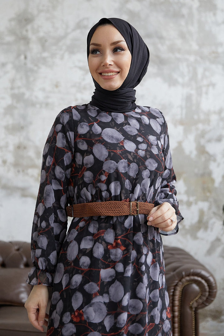 MDS Women Drop Pattern Belted Chiffon Dress - Anthracite - Bathurst