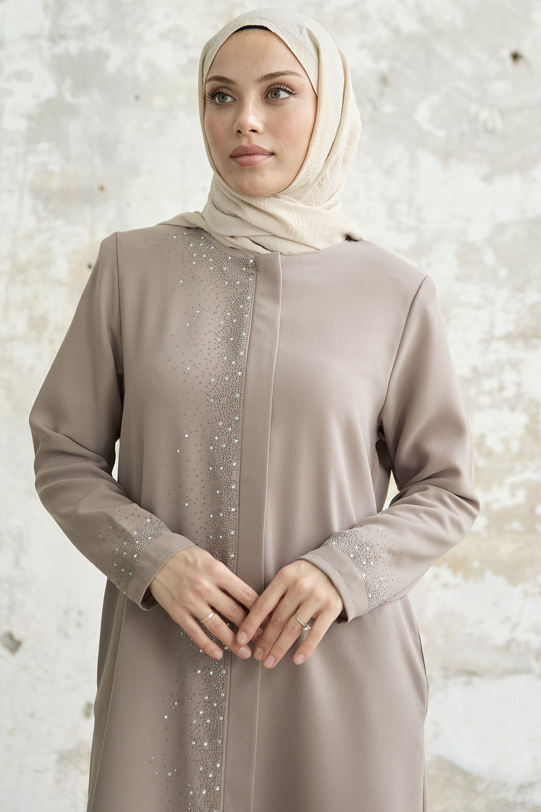 MDS Women Stone-embroidered Abaya - Beige - Olympia