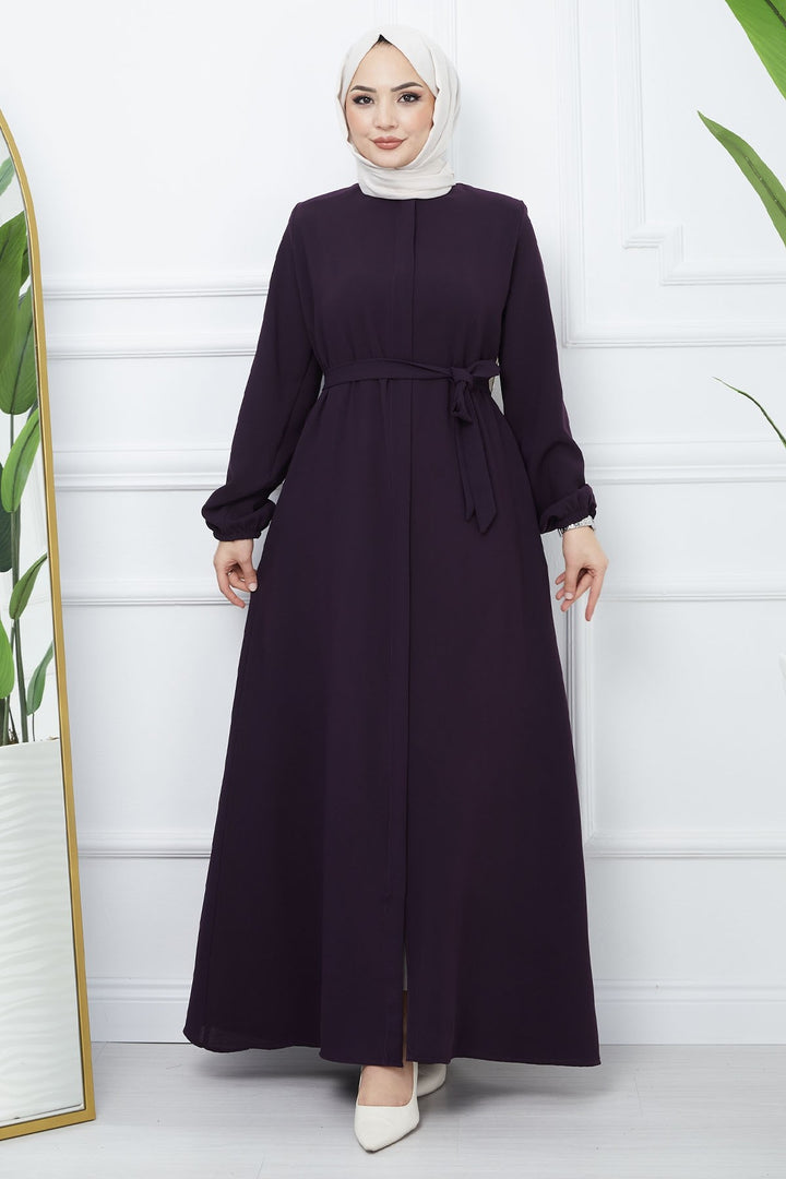 MDS Women Belted Honeycomb Fabric Abaya - Purple - Sète