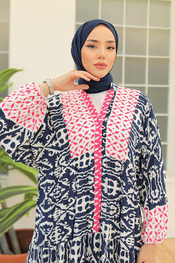 MDS Women Patterned Balloon Sleeve Navy Viscose Dress - Owings Mills
