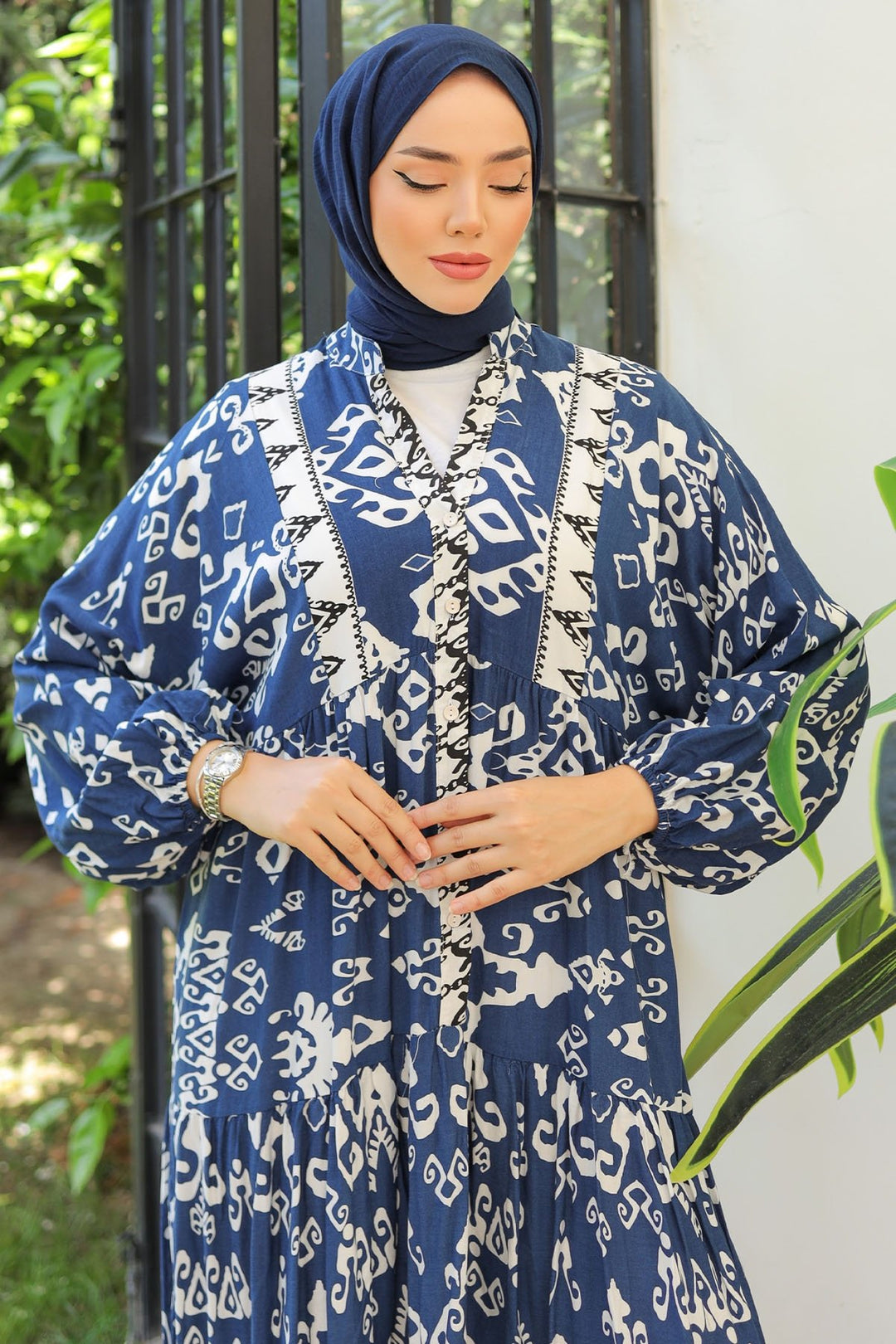 MDS Women Buttoned Loose Patterned Navy Viscose Dress - Regensburg