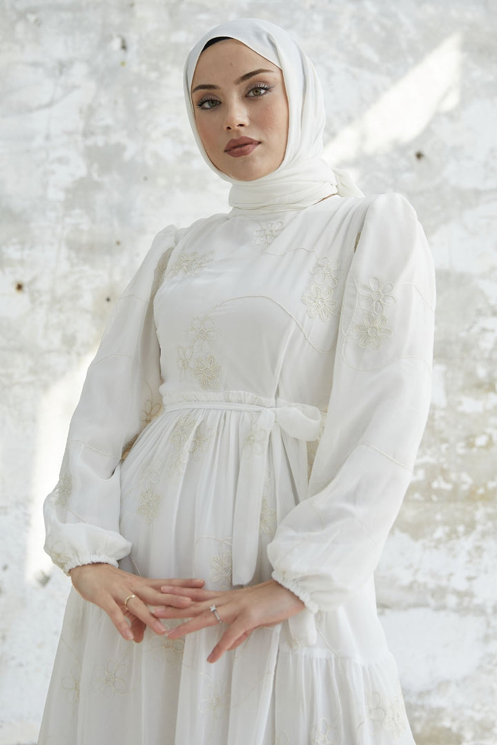 MDS Women Daisy Patterned Belted Chiffon Dress - White - Neuss
