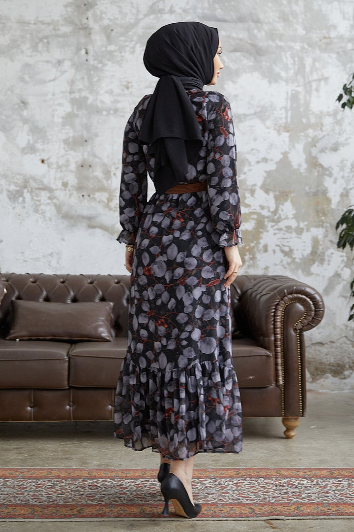 MDS Women Drop Pattern Belted Chiffon Dress - Anthracite - Bathurst