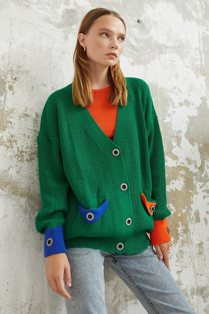 MDS Women Buttoned Pocket and Sleeve Knit Cardigan - Green - Oakville