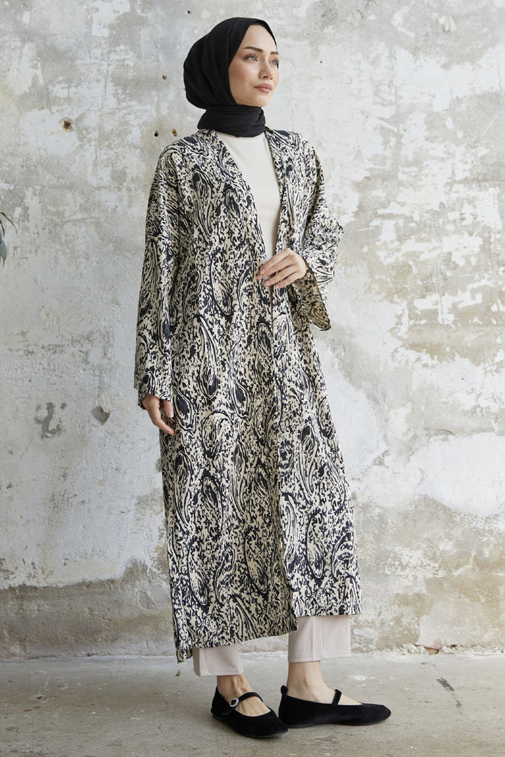 MDS Women Spiral Patterned Long Kimono - Black - Witten