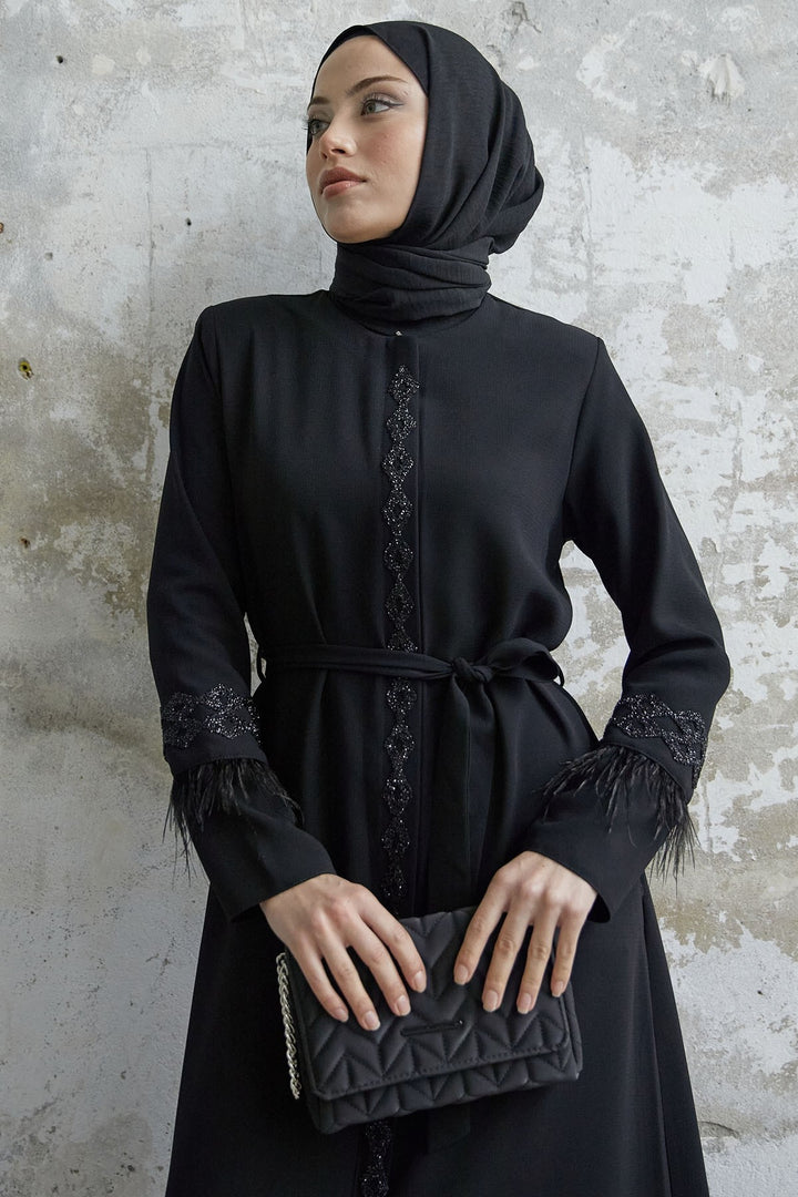 MDS Women Sleeve Tip Feather Detail Stoned Abaya - Black - Dewsbury