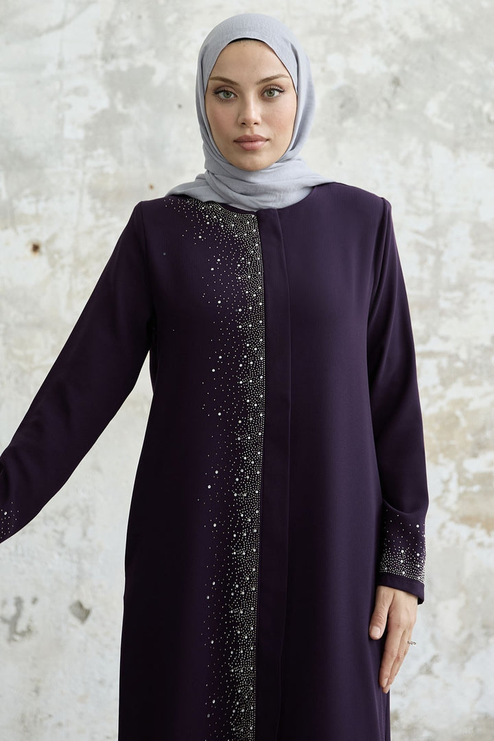 MDS Women Stone-embroidered Abaya with Right Side - Purple - Hickory