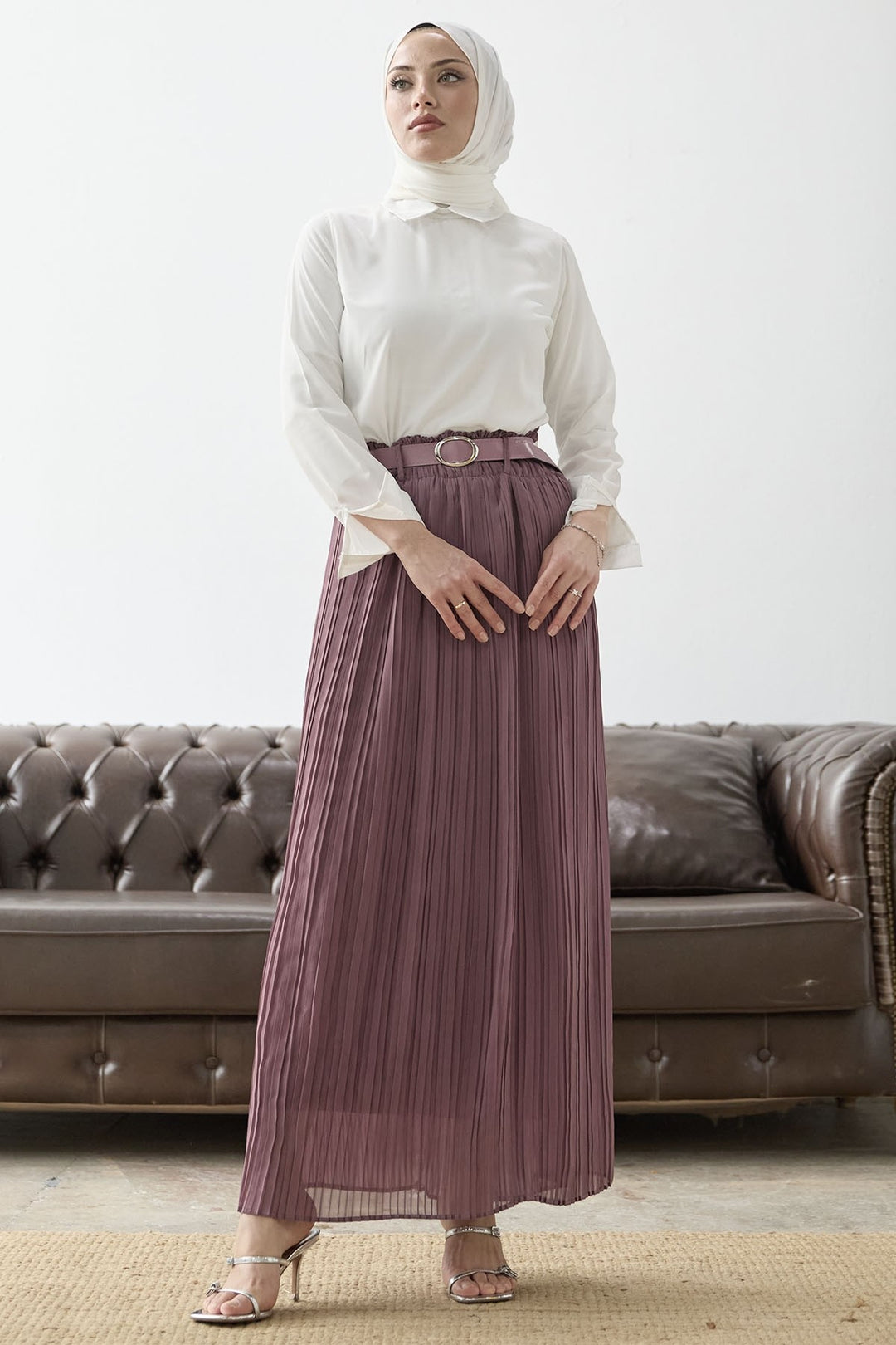 MDS Women Ruched Waist Chiffon Skirt with Belt - Rose Pink - Sciacca