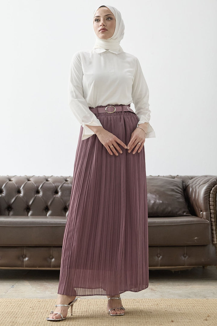 MDS Women Ruched Waist Chiffon Skirt with Belt - Rose Pink - Sciacca