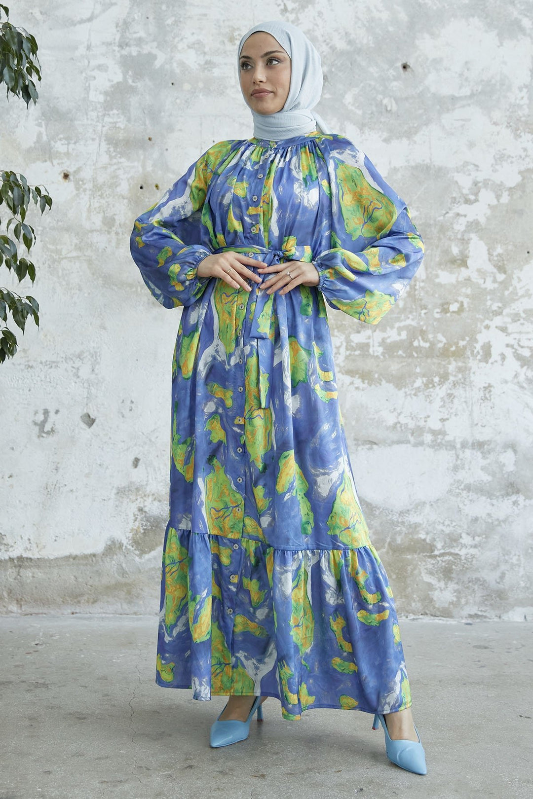 MDS Women Marbled Patterned Satin Dress with Belt - Indigo - Urmston
