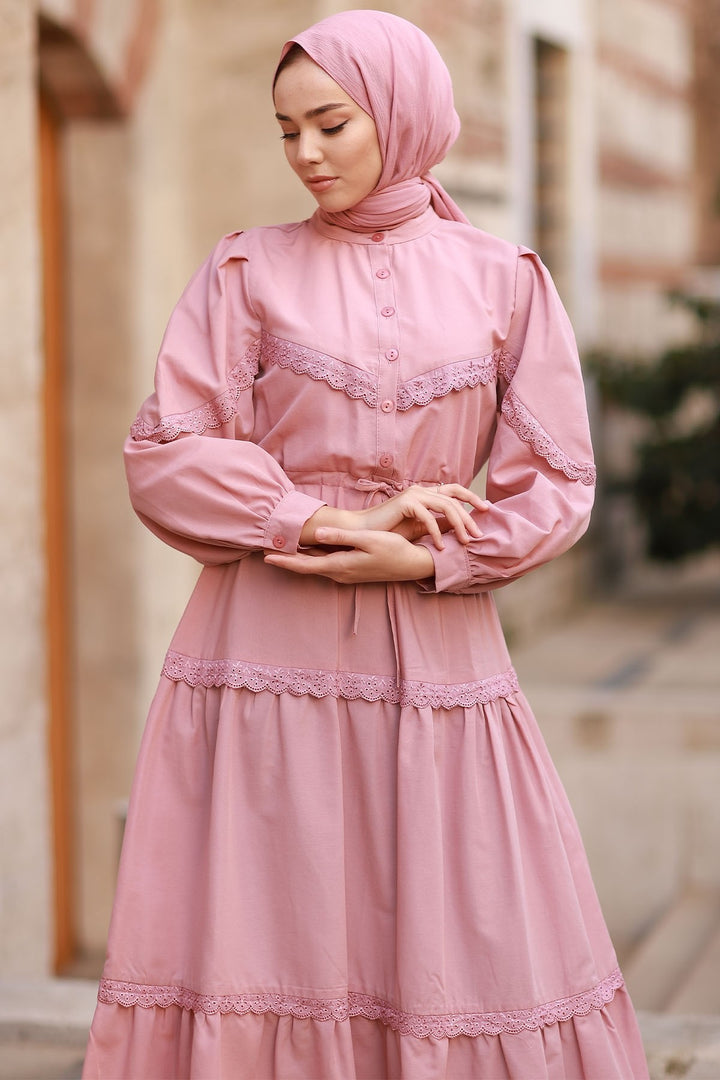 MDS Women Guipure Detail Balloon Sleeve Dress - Rose Pink - Sayreville