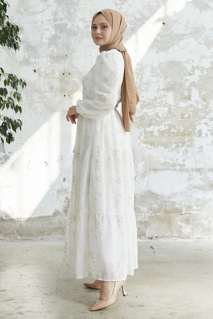MDS Women Embroidered Ruffled Chiffon Dress - White - Mykolaiv