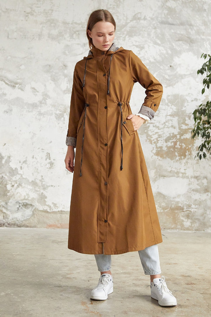 MDS Women Line Pattern Trench Coat - Tan - Jette