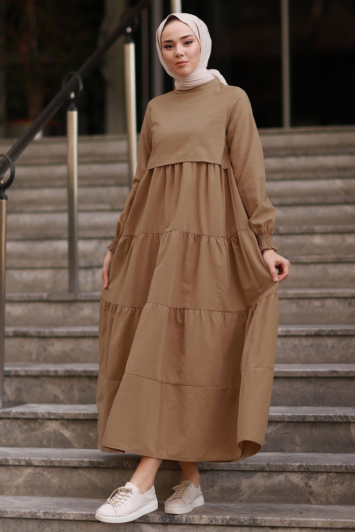 MDS Women Single Layer Detail Loose Dress - Tan - Hameln