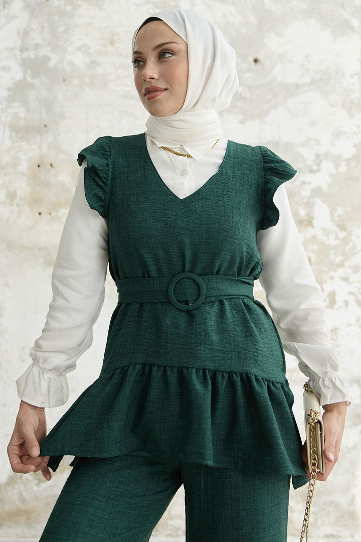 MDS Women Ruffled Shoulder Three Piece Set - Emerald Green - Waukesha