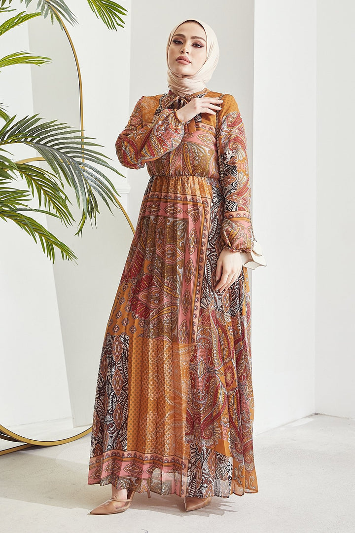 MDS Women Elinor Shawl Patterned Chiffon Dress - Mustard - Tonalá