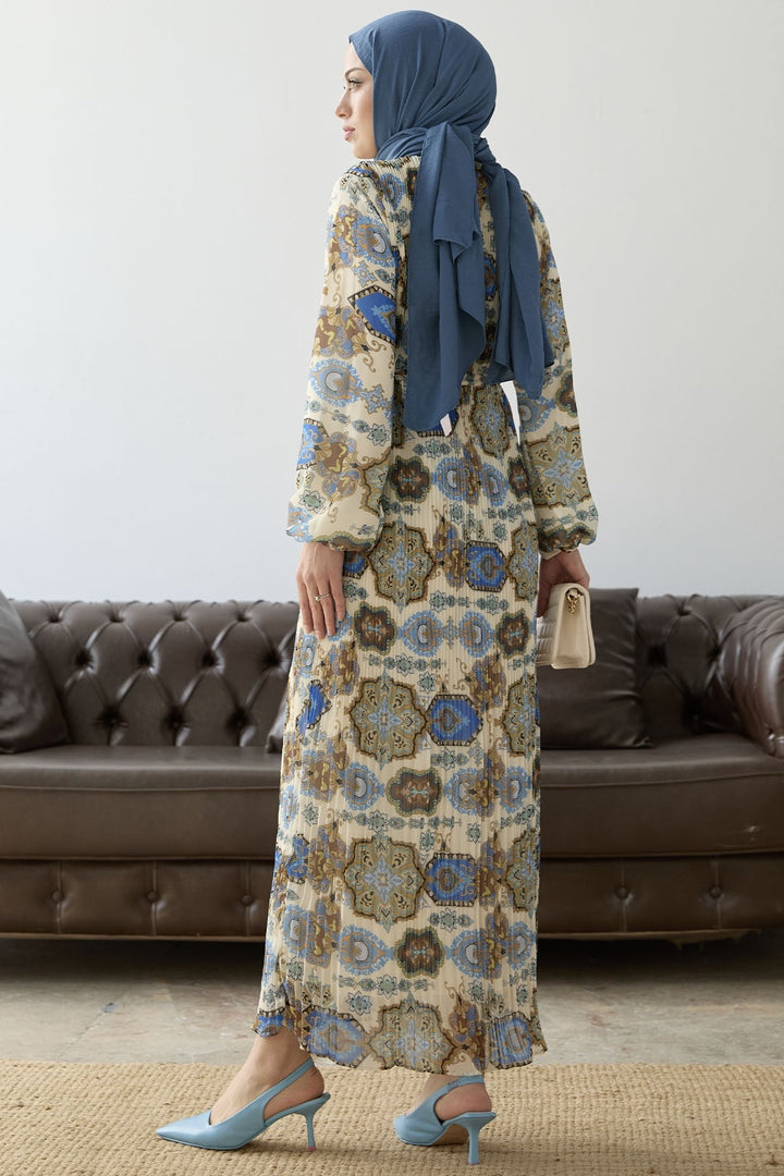 MDS Women Pleated Shawl Pattern Chiffon Dress - Blue - Rincón de Romos