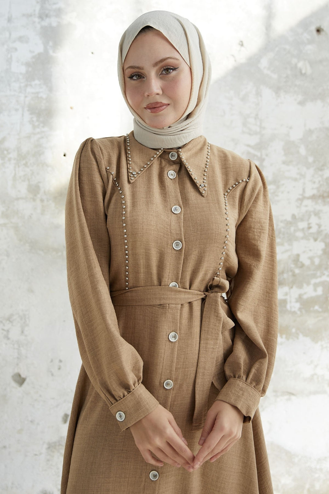 MDS Women Beaded Buttoned Linen Dress - Milky Coffee - Dunstable
