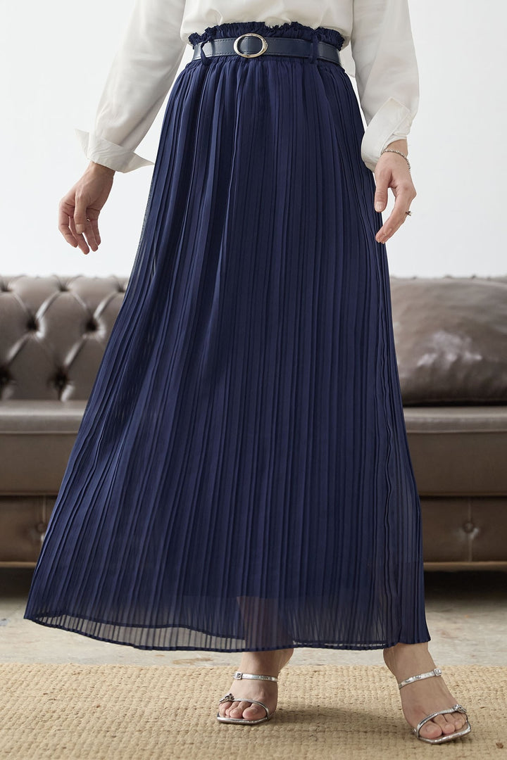 MDS Women Ruched Waist Chiffon Skirt with Belt - Navy Blue - Draguignan