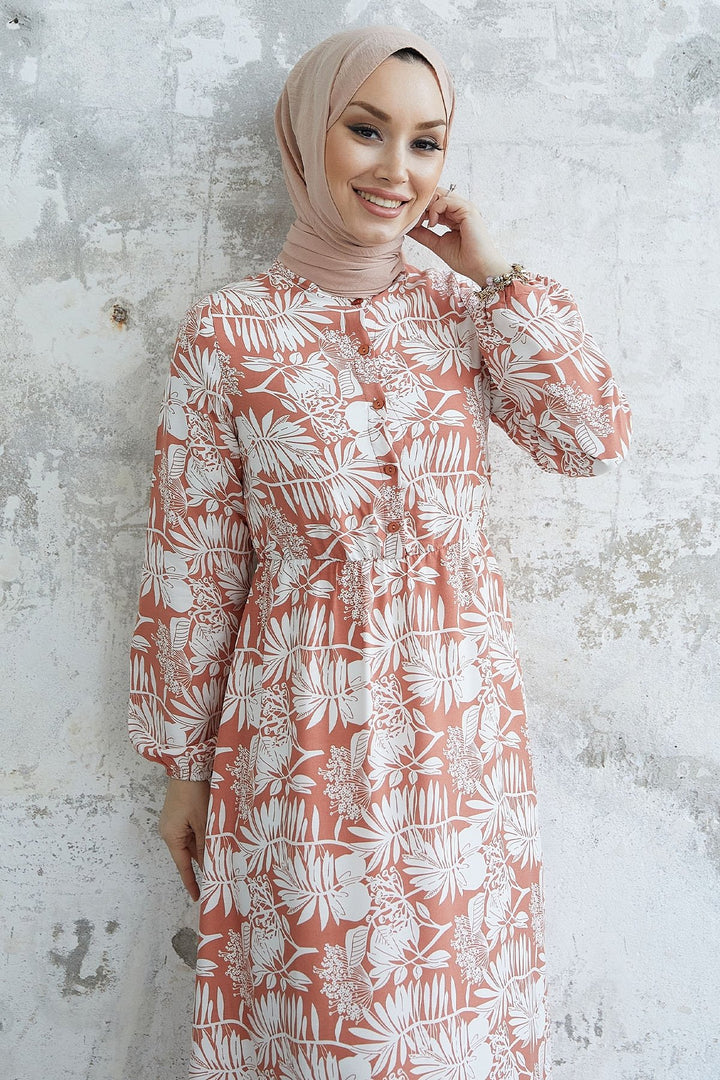 MDS Women Fale Complex Leaf Patterned Viscose Dress - Salmon - Sint-Truiden