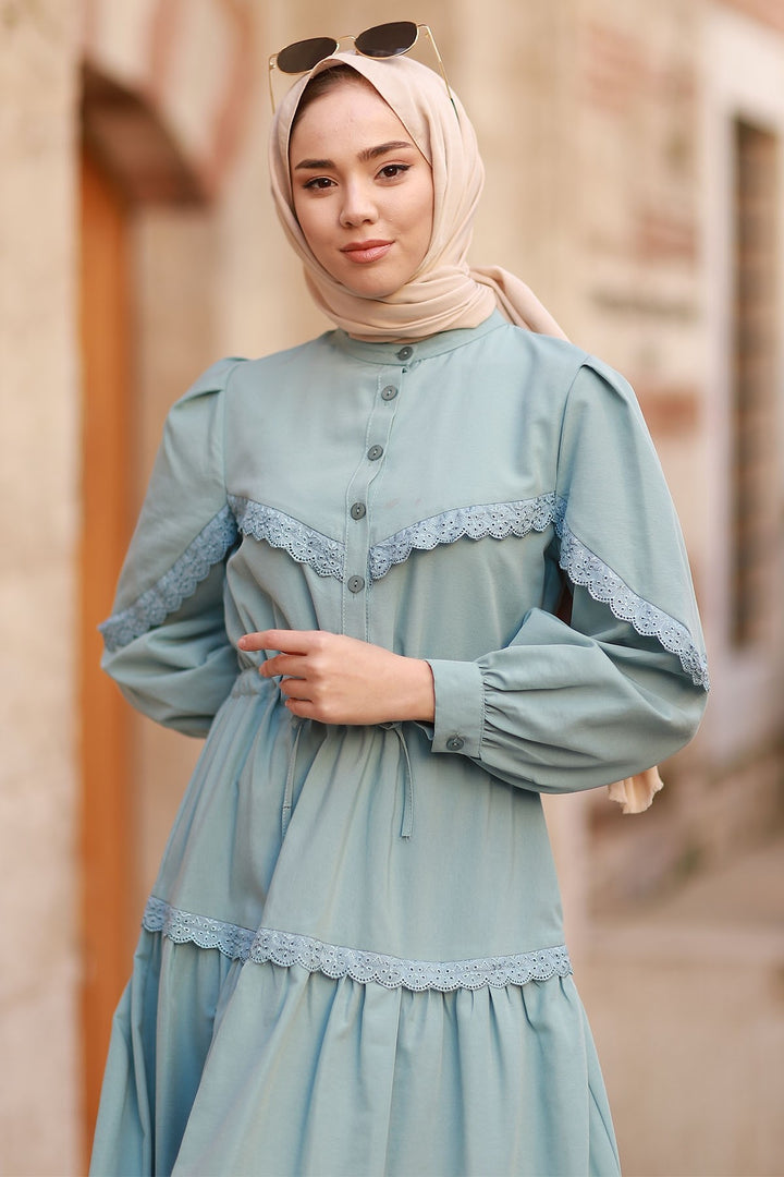 MDS Women Guipure Detail Balloon Sleeve Dress - Mint - Vinnytsia