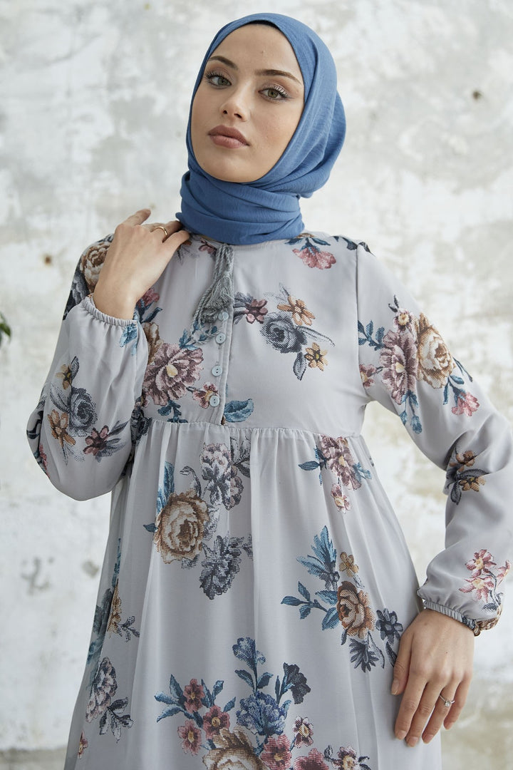 MDS Women Lace-Up Floral Chiffon Dress - Grey - Helmond