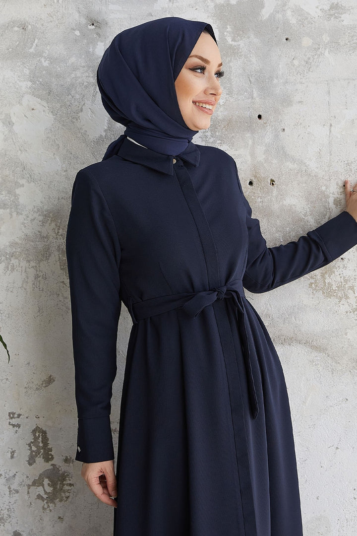 MDS Women Emery Belted Shirt Collar Abaya - Navy - King’s Lynn