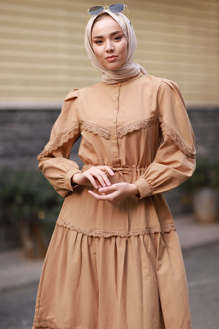 MDS Women Guipure Detail Balloon Sleeve Dress - Brown - Brookhaven