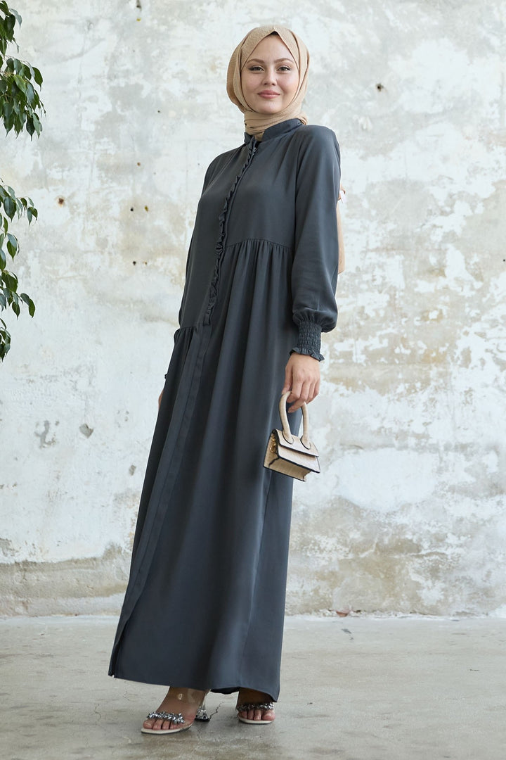 MDS Women Frilled Flounce Asymmetric Cut Anthracite Abaya - Silves