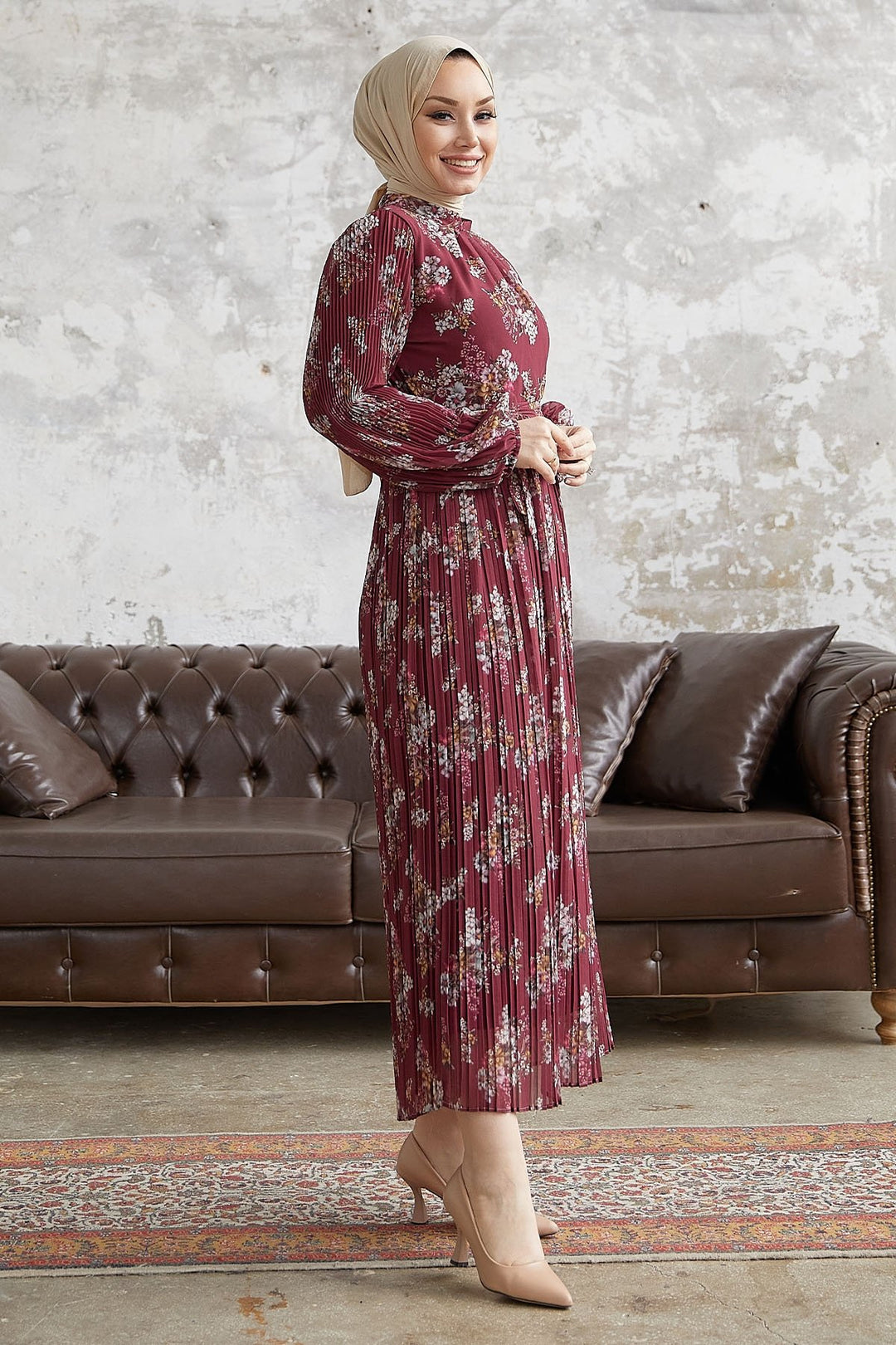 MDS Women Larina Flower Patterned Chiffon Dress - Burgundy - Collado-Villalba