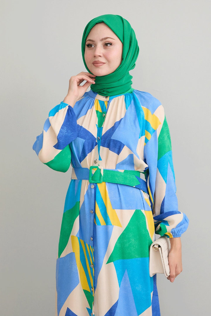 MDS Women Geometric Patterned Belted Blue Viscose Dress - Columbus