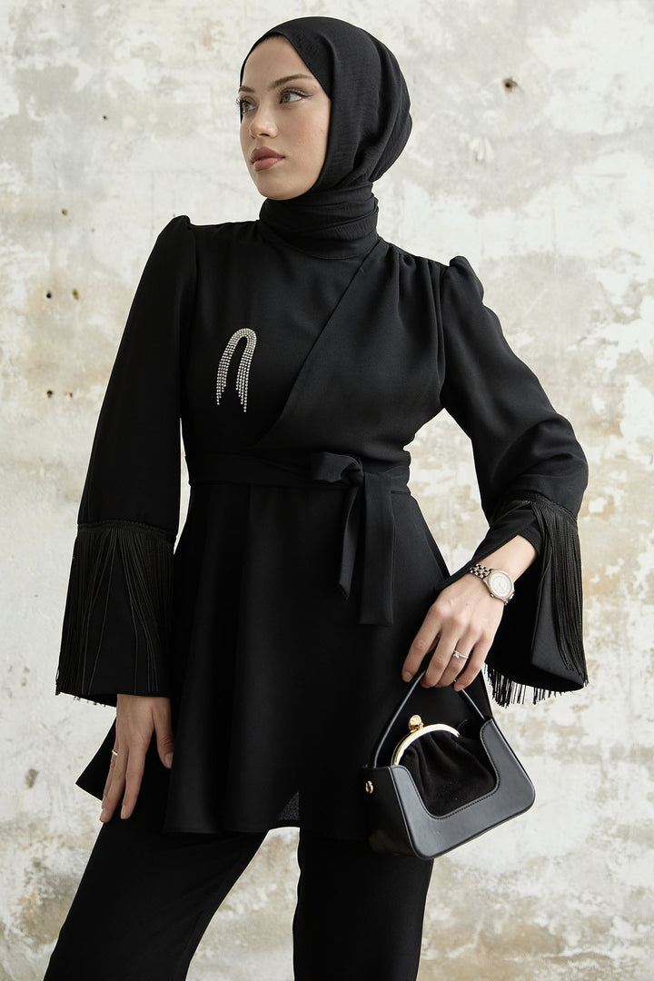MDS Women Tasseled Sleeve Stone Crepe Set - Black - Martínez de la Torre