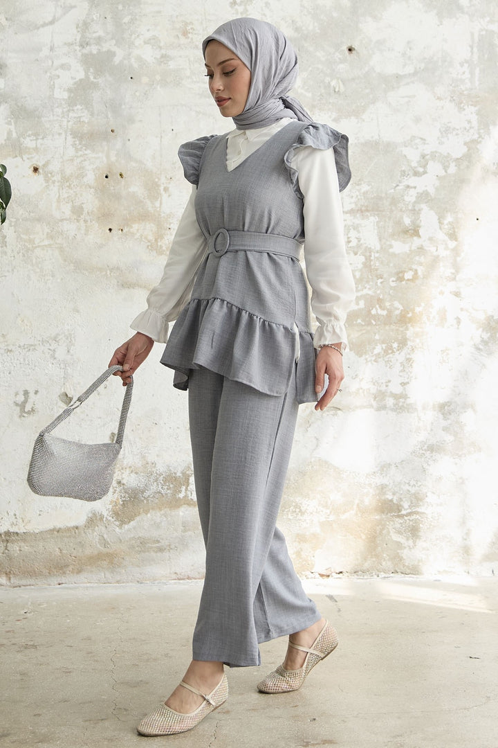 MDS Women Ruffled Shoulder Three Piece Set - Gray - Monterotondo