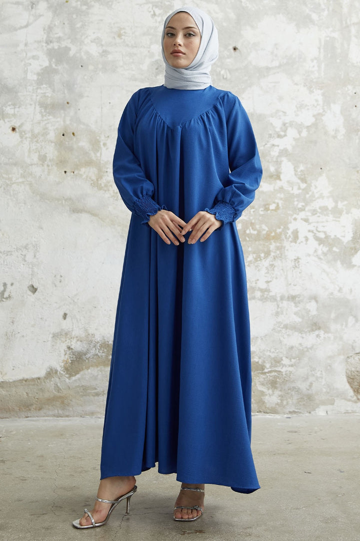 MDS Women Gathered Front Dress with Ruffles - Sapphire Blue - Pokrov