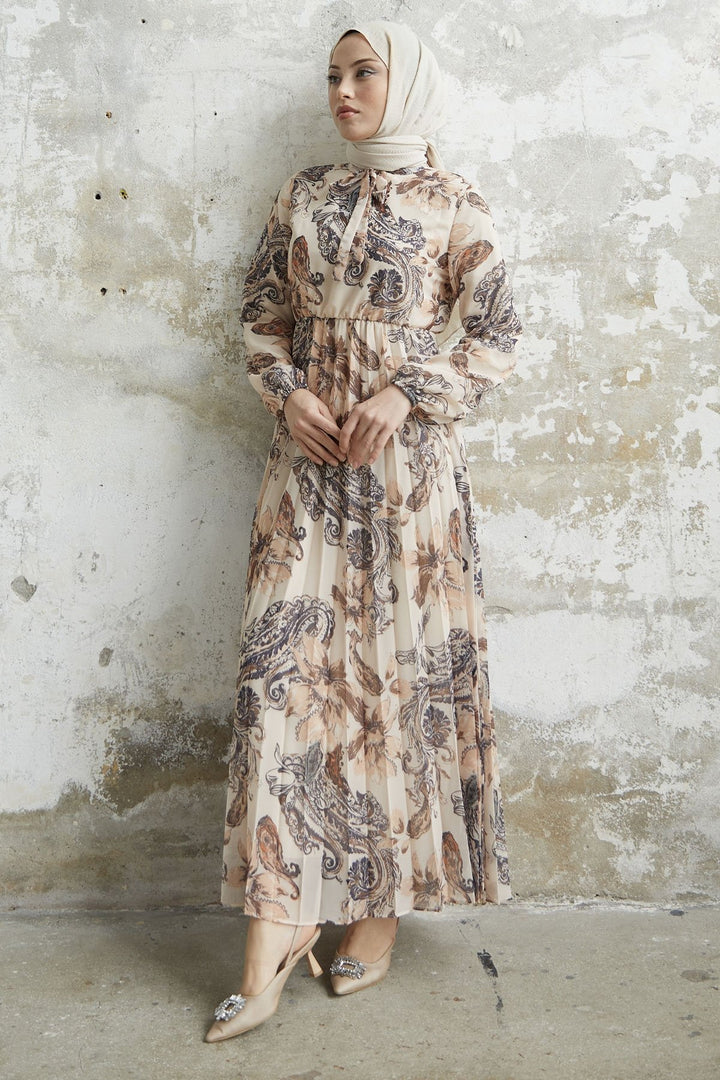 MDS Women Serena Flower Patterned Pleated Chiffon Dress - Ecru - Somerville