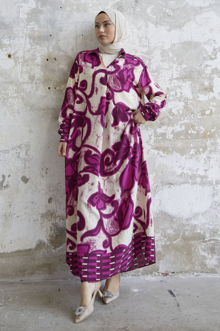 MDS Women Shirt Collar Patterned Viscose Dress - Fuchsia - Salisbury